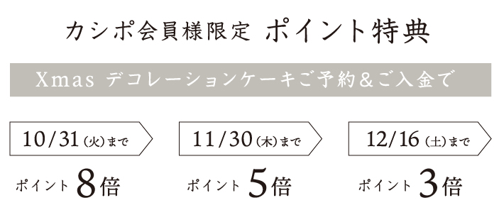 カシポ会員様限定ポイント特典。Xmasデコレーションケーキご予約&ご入金でポイント3~8倍